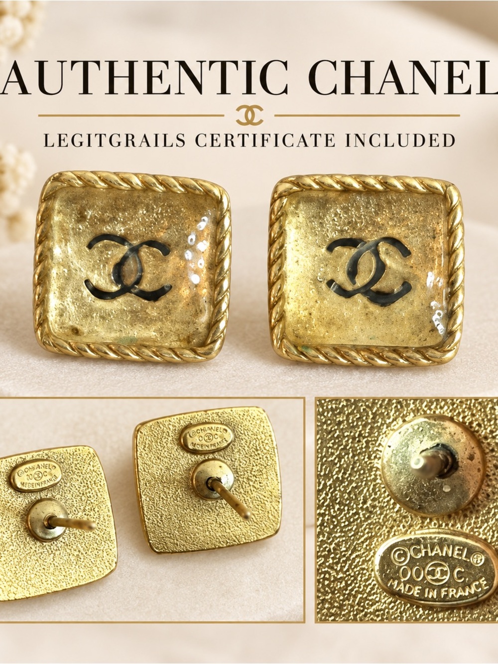 Vintage CHANEL 00C Gold CC Square Stud Earrings Authenticated